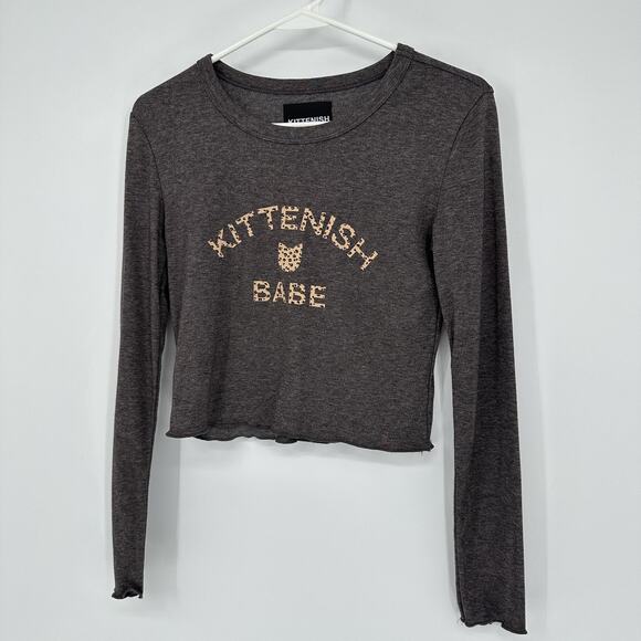 Kittenish Shirt Womens Medium Gray Long Sleeve Crop Top Kittenish Babe Graphic - Picture 3 of 9